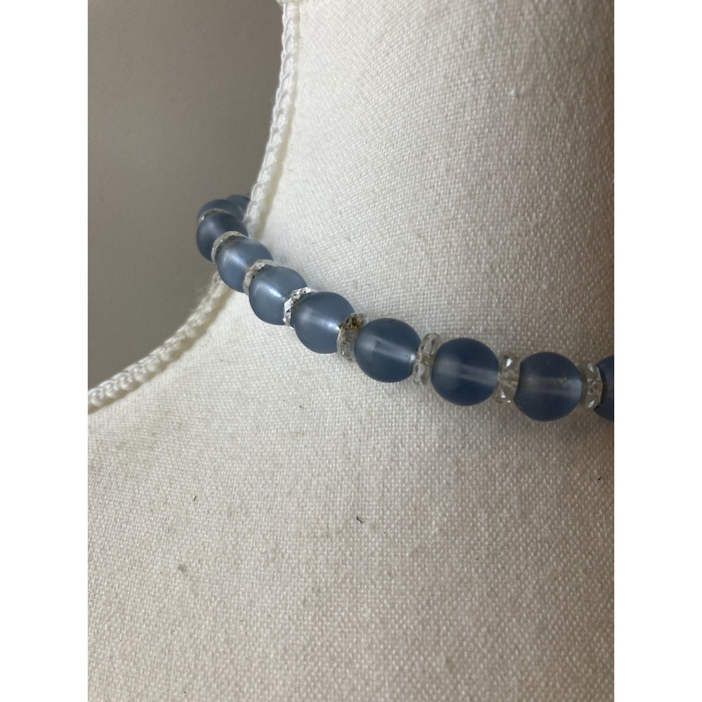 Vintage Blue Frosted Glass Bead Choker Necklace Faceted Spacer Beads Small - Picture 2 of 7